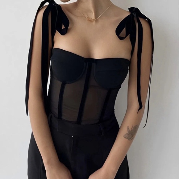Commense  Semi-Sheer Cami Bustier Crop Top Black Tied Straps Goth  sz L NWT - Picture 1 of 8